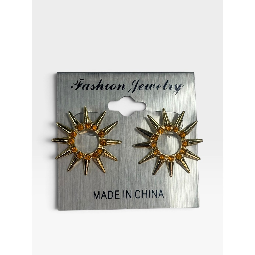 Gold Sunburst Stud Earrings Amber Rhinestone Celestial Spiky Sun Jewelry NEW
